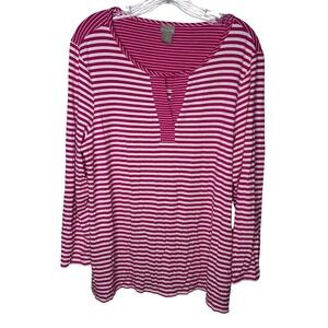 Chicos Pink White Striped Split Neck Long Sleeve Top Size 2 Large Casual Coastal